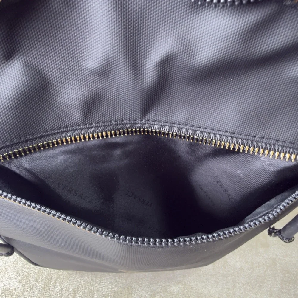 Versace Black Backpack Zip Closure Greek Key Straps Designer Casual Men
